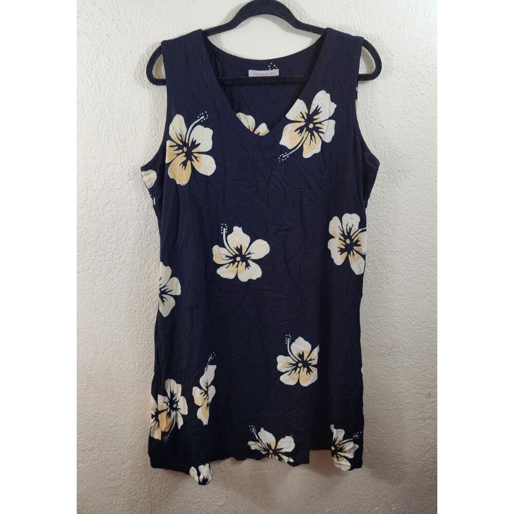 Vtg Peppermint Bay Womens L Black Tropical Floral Sleeveless V-Neck Dress
